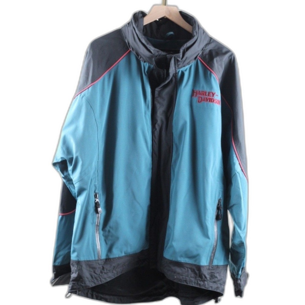 Harley-Davidson Mens XL Windbreaker Jacket Teal Black Colorblock Mesh Lined Logo